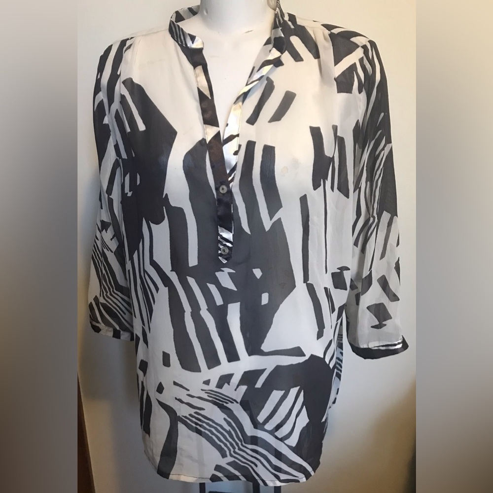 Olsen’ Women's Sheer Black and Off White Abstract Print Top/Tunic- Size XL
